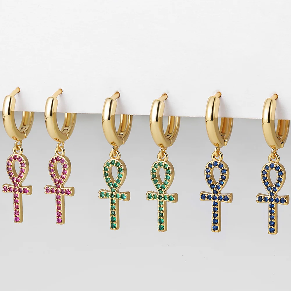 

Ancient Egyptian Style Zircon Cross Drop Earrings Women Chic Gold Color Vintage Hoop Huggie Earring Wedding Jewelry Accessories