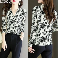 spring summer new v neck floral print chiffon shirt long sleeve elegant blouse for female korean fashion office lady clothing