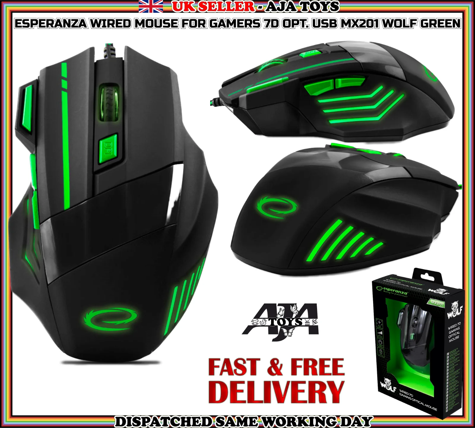 

WOLF GREEN LED Wired Optical USB Gaming PC Mouse For Computer Laptop Gamers