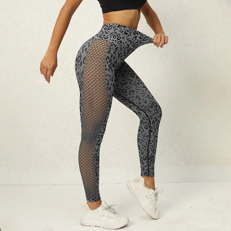Leopard Sports Hollow Yoga Pants Women's High Waist Hip Lift Slim Running Fitness Leggings Pants  Leggings Women