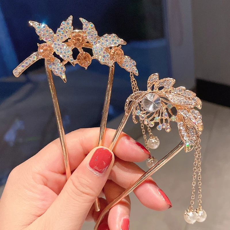 

U Shape Hair Sticks Crystal Tassel Hair Clip for women Rhinestone Hairpins Metal Hair Sticks Elegant Hair Fork Hair Accessories