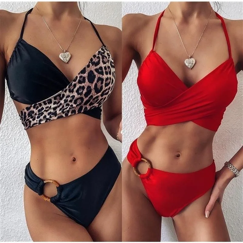 

Sexy Bandage Bikinis Women Swimwear Black Leopard Summer Beachwear Women Swimsuit 2020 Push up Bikini Set