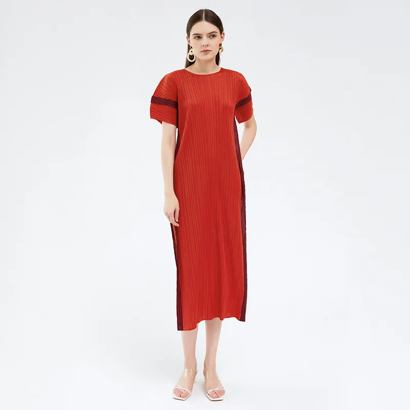 Women's Summer Dress Simple Fashion Stripes Patchwork 2022 Round Neck Short Sleeved Elastic Loose Casual Dress Midi