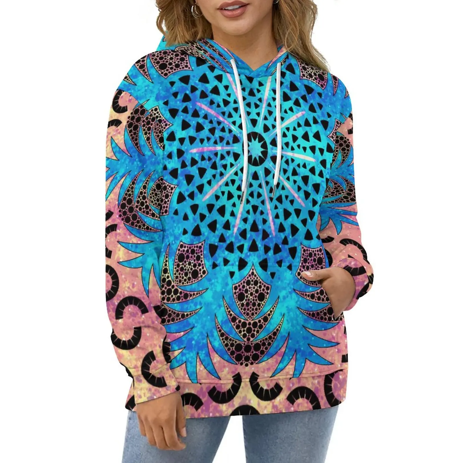 

Vibrant Mandala Hoodies Women Blue And Pink Pineapple Classic Casual Hoodie Winter Long-Sleeve Kawaii Graphic Hooded Sweatshirts