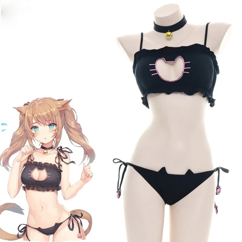 

Anime Cute Cat Paw Bikini Swimsuit Costume Summer Beach Girl Mini Lovely Cats Bell Swimwear Uniform Cosplay