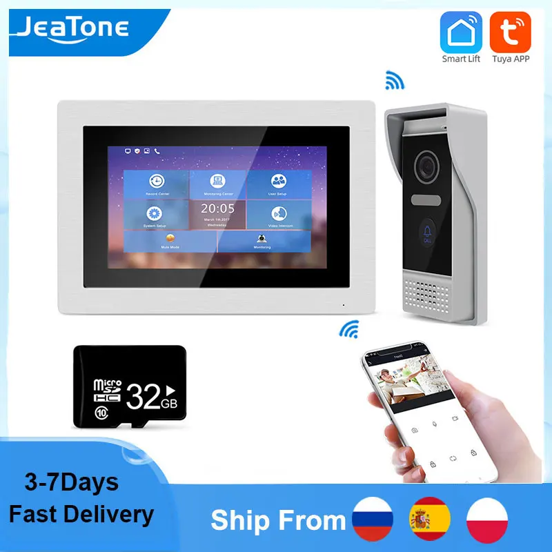 

JeaTone Видеодомофон для дома 7 дюймов Домашний домофон с 1.0MP Проводной дверной звонок Камера Динамик Разблокировка Tuya IP Система управления