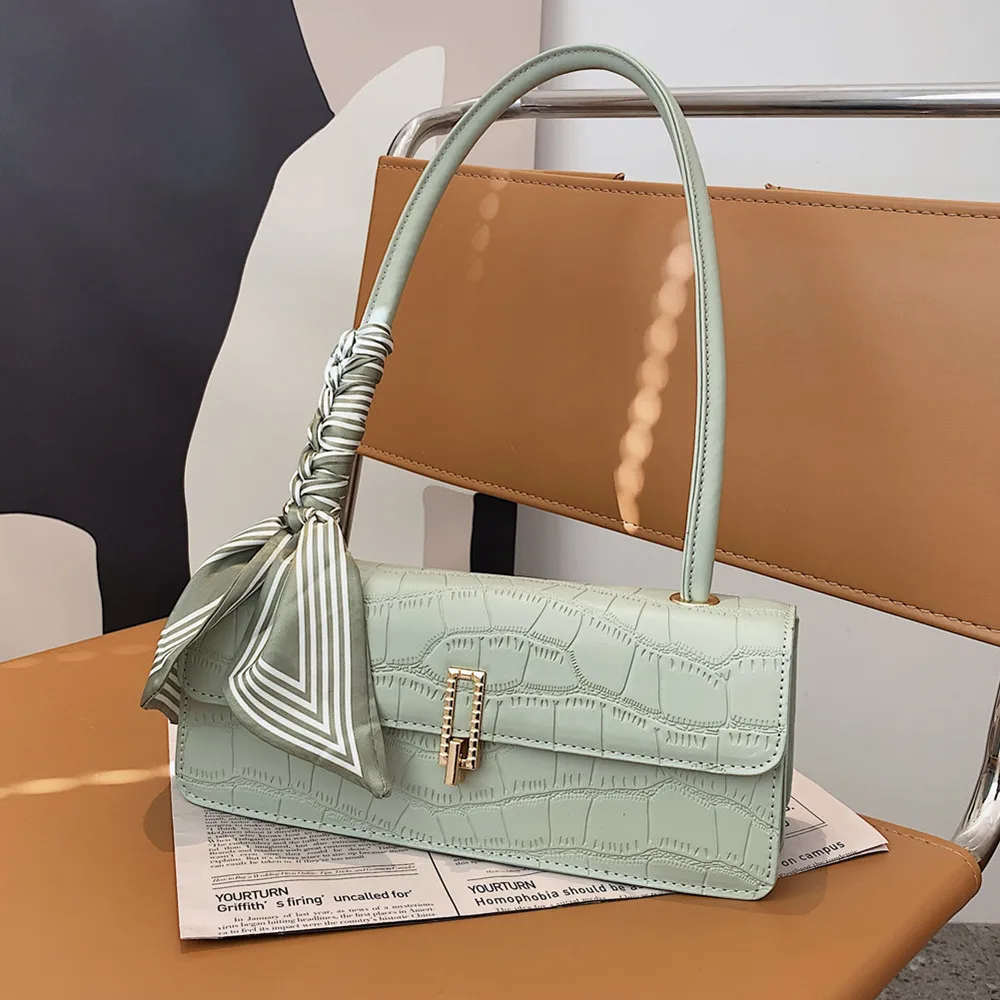 

French Style Scarf Stone Pattern Designer Underarm Shoulder Bags For Women 2022 Fashion Brand Luxury Lock Flap Ladies Handbags