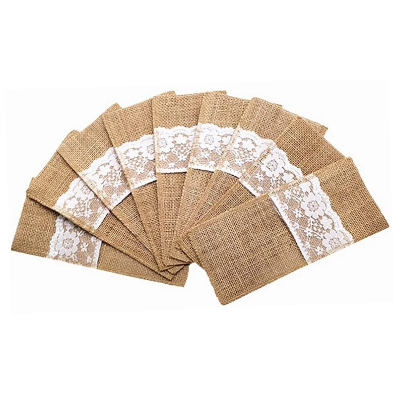 

50 Piece Burlap Lace Cutlery Pouch Hessian Rustic Christmas Decor Wedding Table Decoration Wedding Party