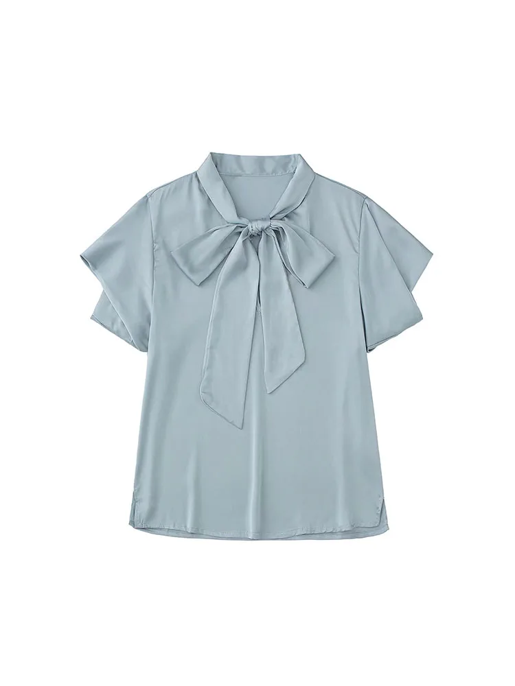 

YLJHQX 2022 New Summer Women Fashion Silk Satin Texture Shirt Casual Short Sleeve Bow Female Short Chic Blouse