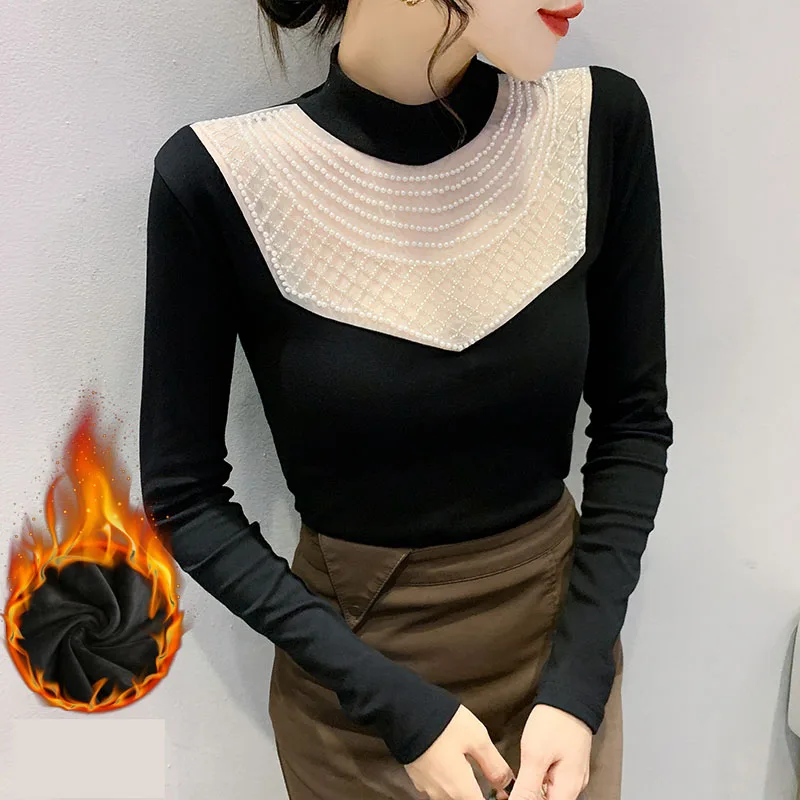 

Женская весенне-осенняя Новая Сексуальная кружевная облегающая футболка с V-образным вырезом и длинными рукавами в стиле пэчворк, женская о...