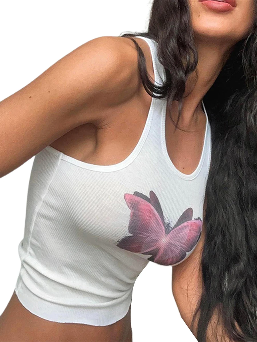 

Women Butterfly Print Tank Tops Y2K Trashy Sleeveless Slim Fit Crop Tops U-neck Summer Vest Streetwear Daily Party 2000s Grunge