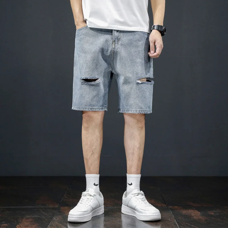 

2022 summer trend denim shorts straight casual pants loose Capris Ripped Fashion Street Men's Jeans