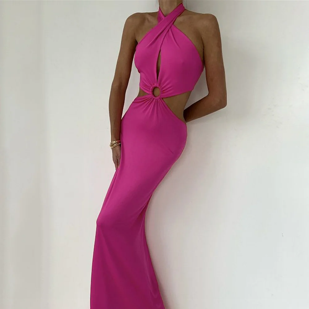 

Женское длинное платье с открытой спиной, розово-Красное ажурное облегающее платье с лямкой на шее, элегантное вечернее платье макси без рукавов, лето 2023
