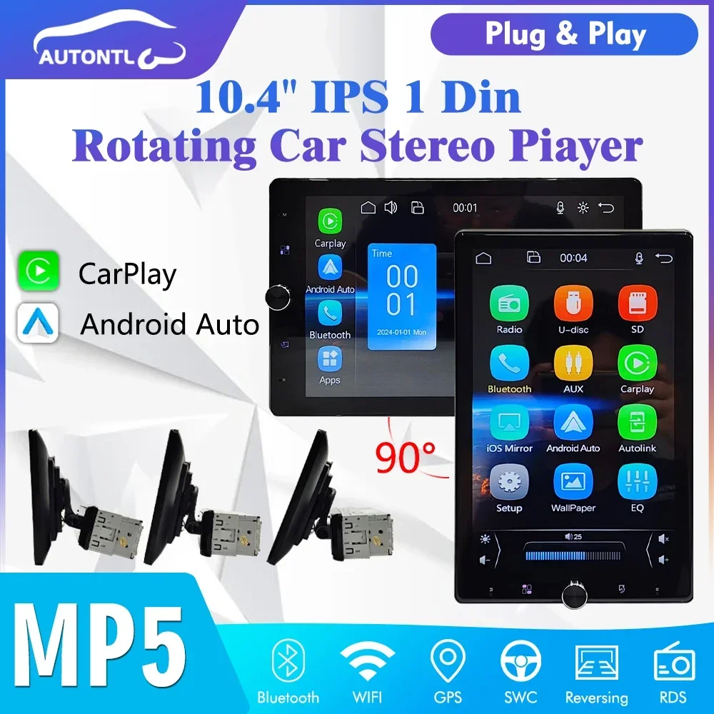 Автомобильная стереосистема 1 Din MP5 Carplay Android Auto 10 4 дюйма HD 1080P с поворотным экраном