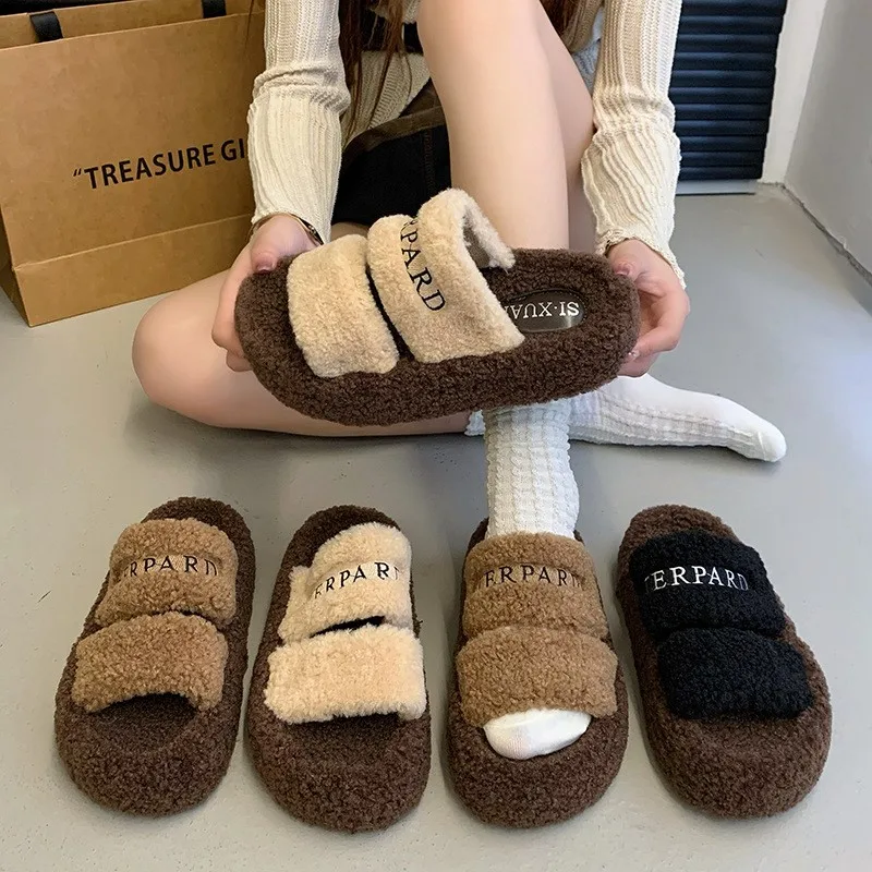 Шлепанцы женские из овечьей шерсти с вышивкой и надписью на толстой подошве