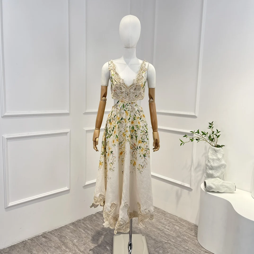 

Floral-print Linen Lace Appliqués Embroidery Throughout Cutaway Waist V-neck Adjustable Straps High Quality Midi Dress