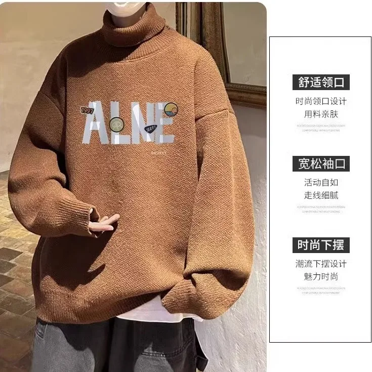 Autumn and Winter Turtleneck sweater Men's Letters Print Knit Tide Brand Bottoming Shirt 2024 New Temperament Slim fit Top