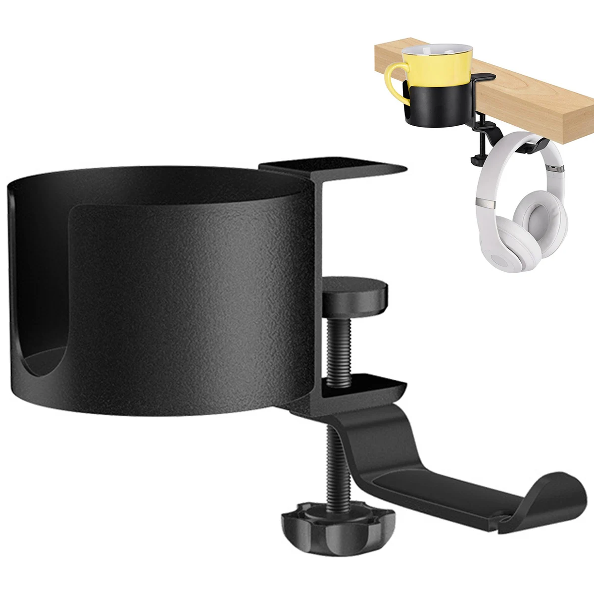 

Desk Cup Holder 2 in 1 Desk Cup Holder with Headphone Hanger 360-Degree Rotation Adjustable Arm Clamp Headset Hook Bottle Holder