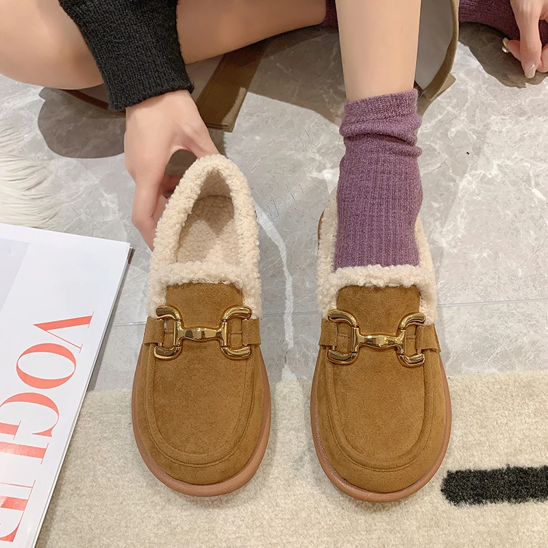 

Туфли женские с круглым носком, меховые кроссовки, повседневная обувь на платформе, без застежки, сабо, Ретро стиль, Осень-зима