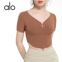alo yoga summer womens sports top breathable sexy show navel fitness running t shirt seamless v neck yoga clothes short sleeves