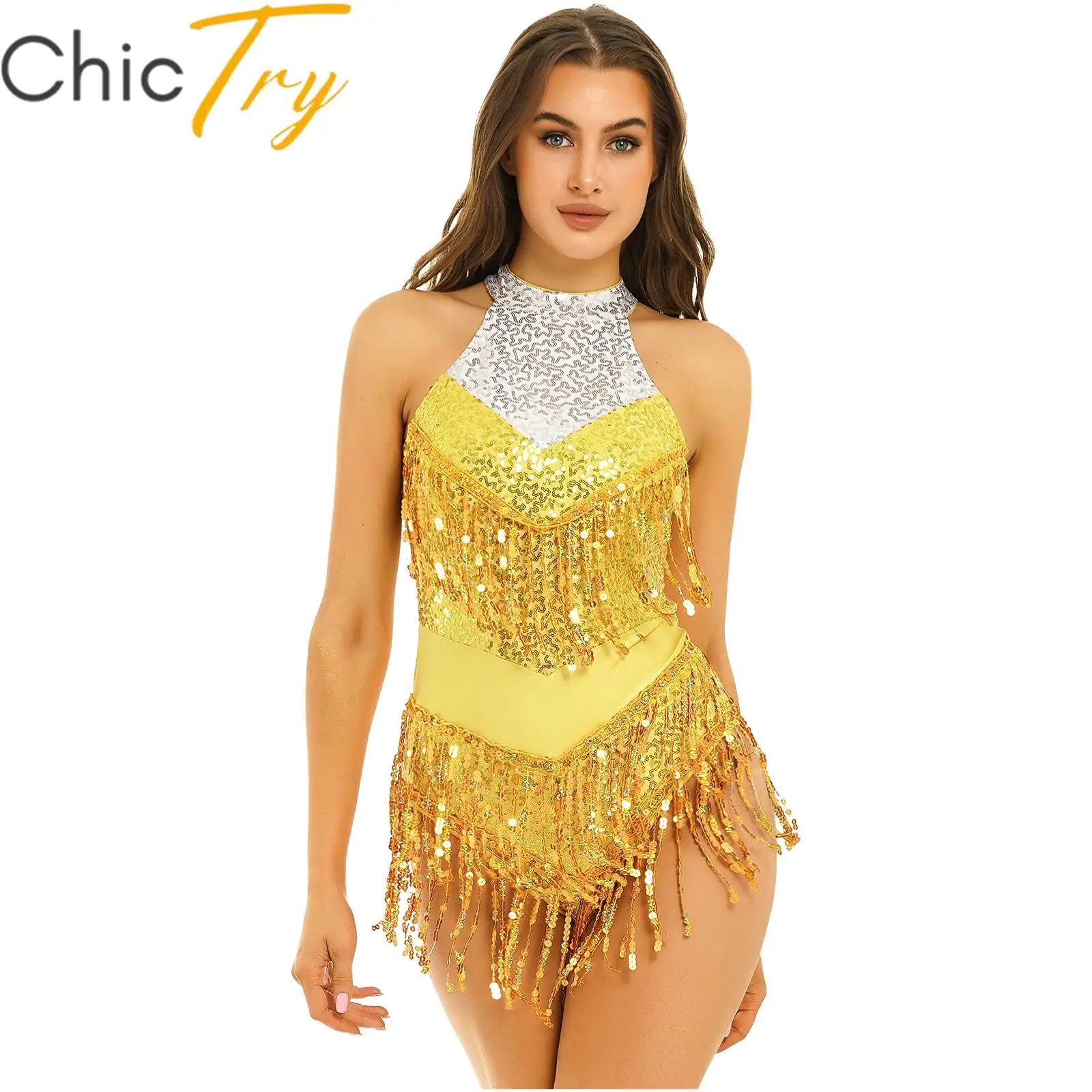 

Womens Latin Dance Dress Glitter Sequins Tassel Bodysuit Ballroom Competition Tango Cha Cha Rumba Leotard Dresses Stage Costumes