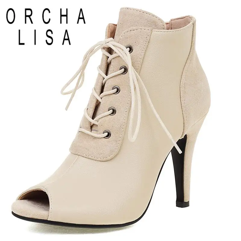 

ORCHA LISA Women Ankle Boots Peep Toe Thin High Heels Lace-up Splice Big Size 34-43 Black Apricot Sexy Party Autumn S4019