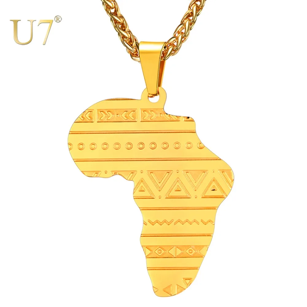 

U7 Stainless Steel Gold/ Rose Gold Map of Africa Pattern Personalized Pendant Necklace Men/Women Hip Hop African Jewelry P1099