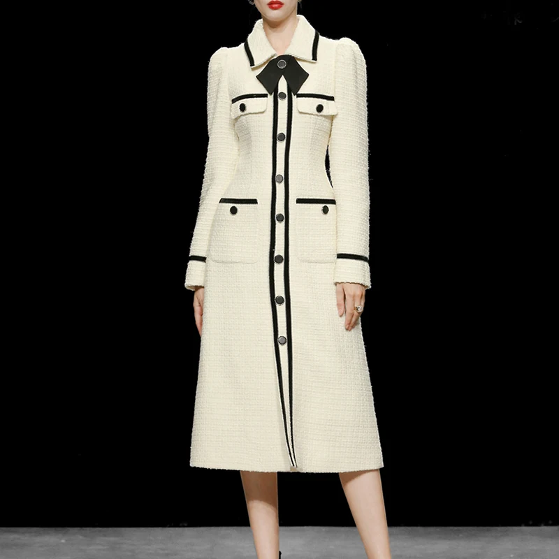 

Beige Long Tweed Dress for Women 2022 Winter Single-breasted Vestido Ladies Turn-down Collar Vintage Elegant Womens Clothing