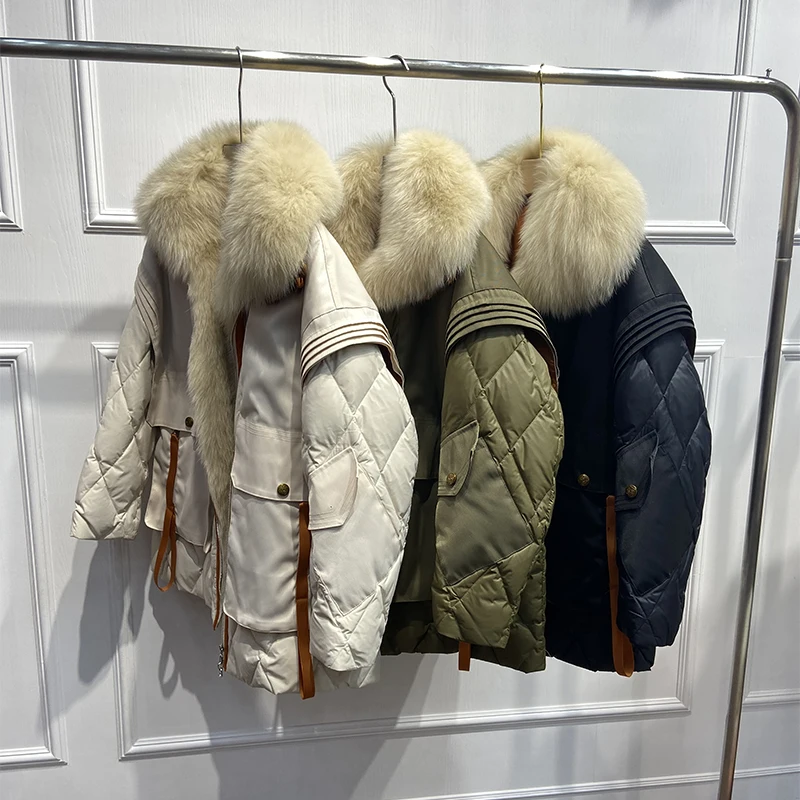 Women Winter Thick Real Fox Fur Collar Goose Down Parka Jacket Oversize Winter Parka Jacket