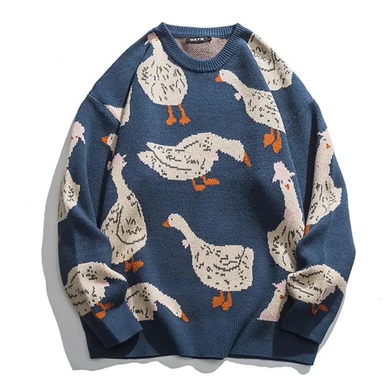 

Японский вязаный свитер, Мужской пуловер с мультяшным принтом утки, гуся, Харадзюку, повседневный Топ оверсайз с круглым вырезом, уличная од...