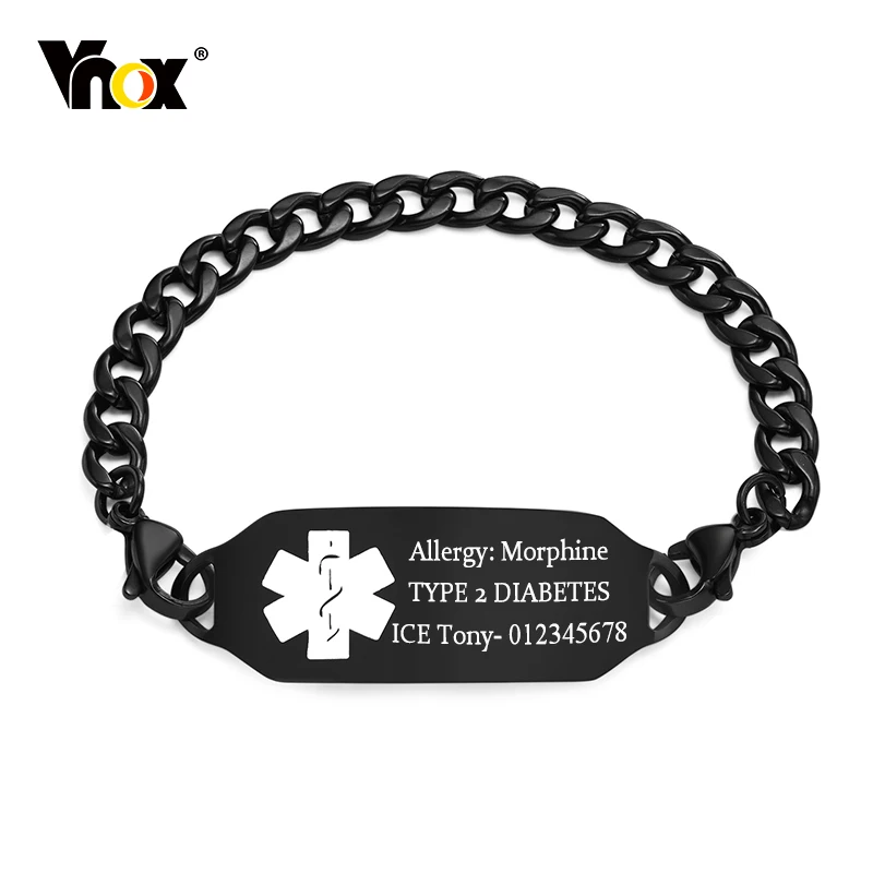 

Vnox Free Custom Disease Name Bar ID Bracelets for Men Women Health Info Jewelry,Stainless Steel Black 6MM Width Cuban Chain