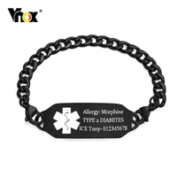 vnox free custom disease name bar id bracelets for men women health info jewelrystainless steel black 6mm width cuban chain