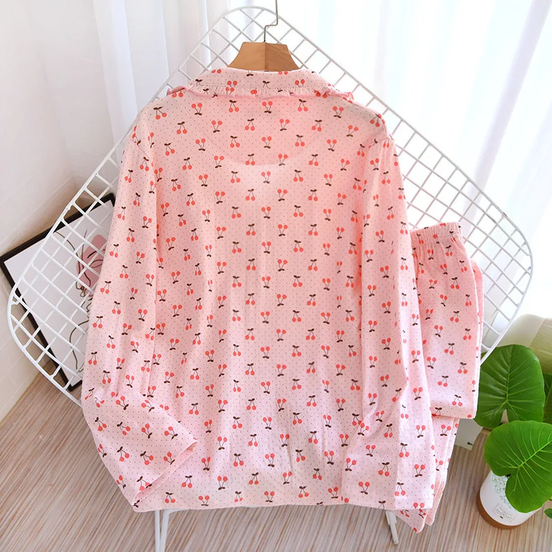 Knitted Cotton Pajamas Suit Women Double-layer Lace Lapel Four Seasons Thin Long-sleeved Trousers Cherry Two Piece Set Nightwear