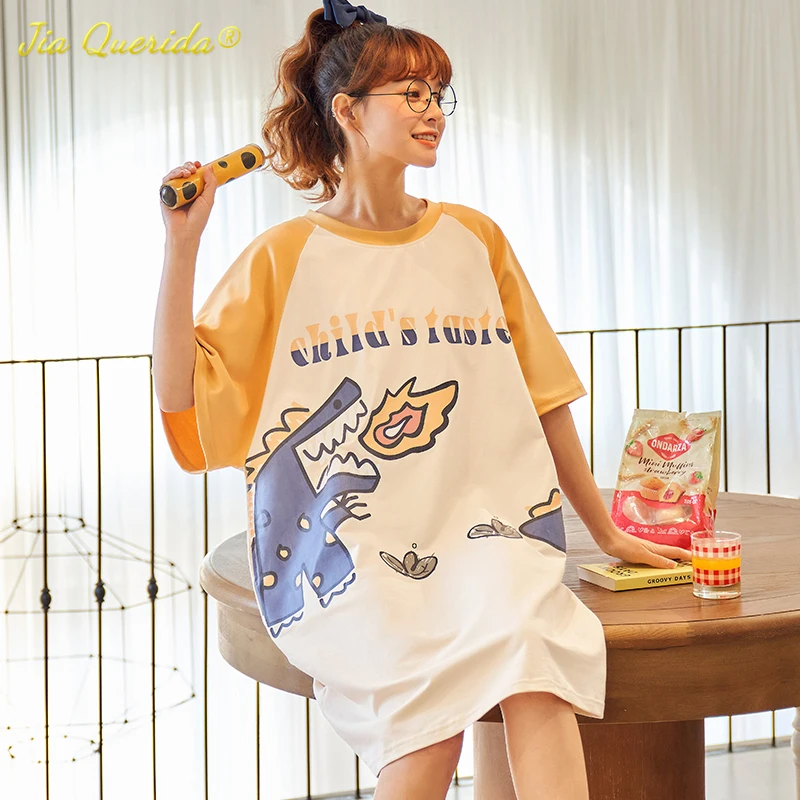 

Новая летняя M-3XL в стиле каваи, женская ночная рубашка, Трикотажная хлопковая ночная рубашка с круглым воротником, свободная ночная рубашка с принтом динозавра из мультфильма