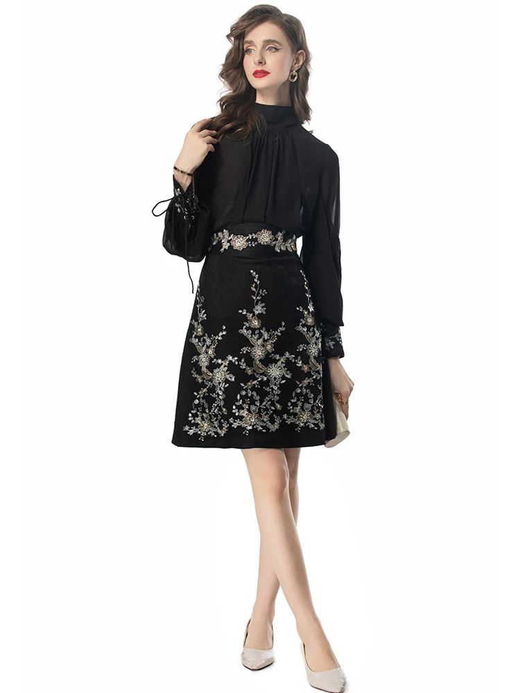 Летний костюм DLDENGHAN с вышивкой блестками женские топы воротником-стойкой и