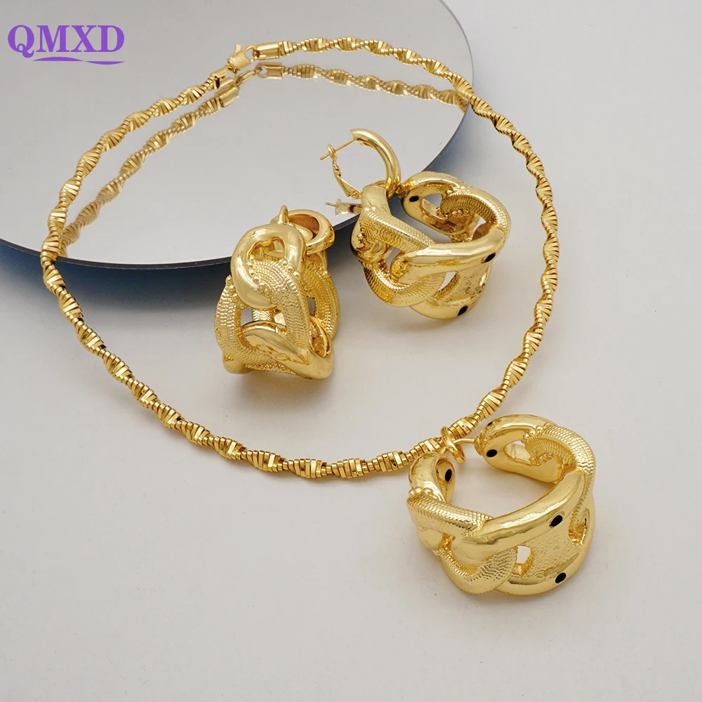 

Dubai Gold Color Jewelry Sets For Women African Wedding Copper Earrings Pendant Necklace For Indian Bridal Accessorise
