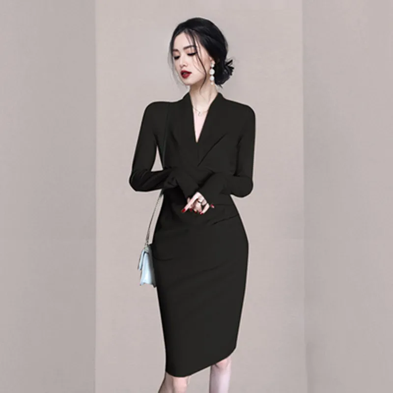 

BULOCHOVA осеннее модное элегантное платье с длинным рукавом до колена высококачественное женское повседневное облегающее вечернее платье с V-образным вырезом