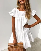 summer dress women a line round neck dress solid color ruffles ruched short sleeve casual white dress