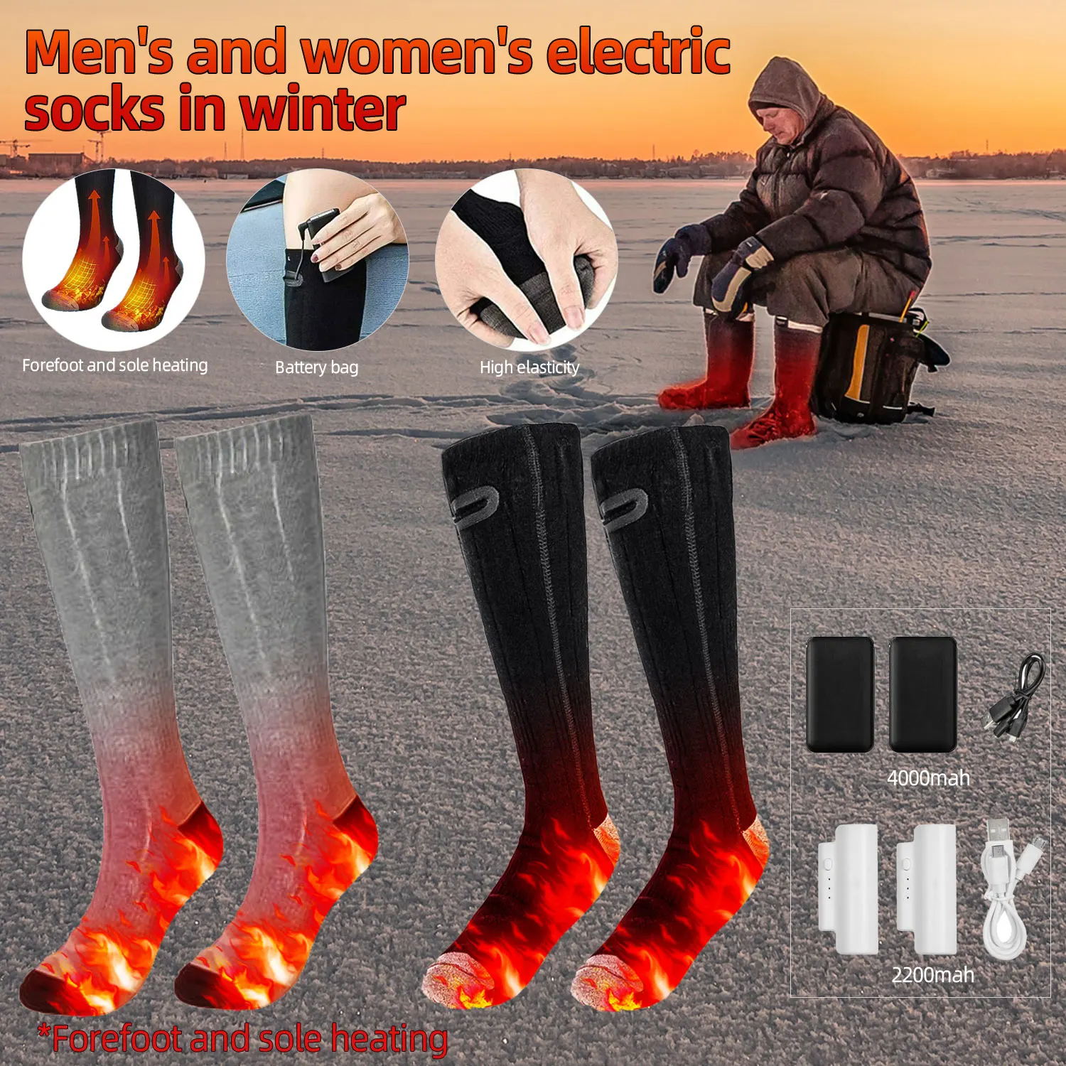 

Winter Warm Socks Outdoor Electric Heated Socks Thermosocks Boot Feet Warmer with 2200mah/4000mah Battery for Ski Cycling Hiking