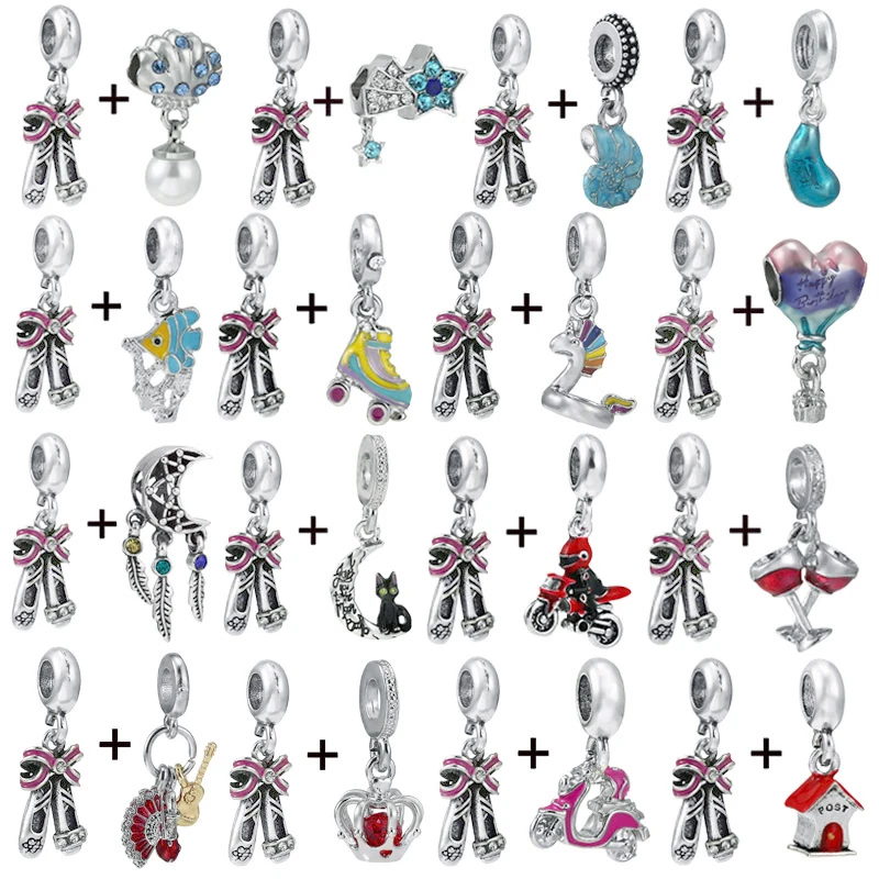 

2Pcs/Lot Pink Dance Shoes & Crown Charm Bead With Pendant Fit DIY Original Brand Bracelet For Women Fashion Jewelry Gift Making