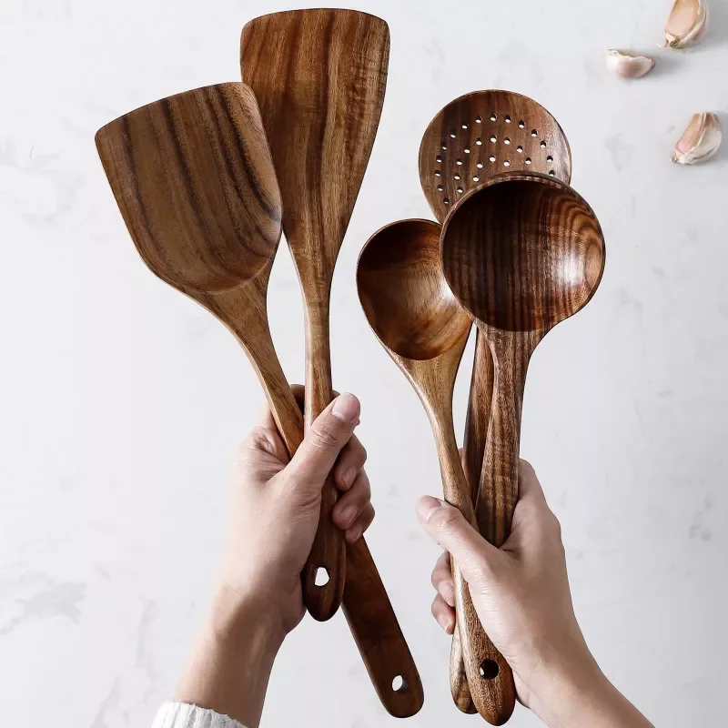 

Thailand Teak Natural Wood Tableware Spoon Ladle Turner Long Rice Colander Soup Skimmer Cooking Spoons Scoop Kitchen Tool Set