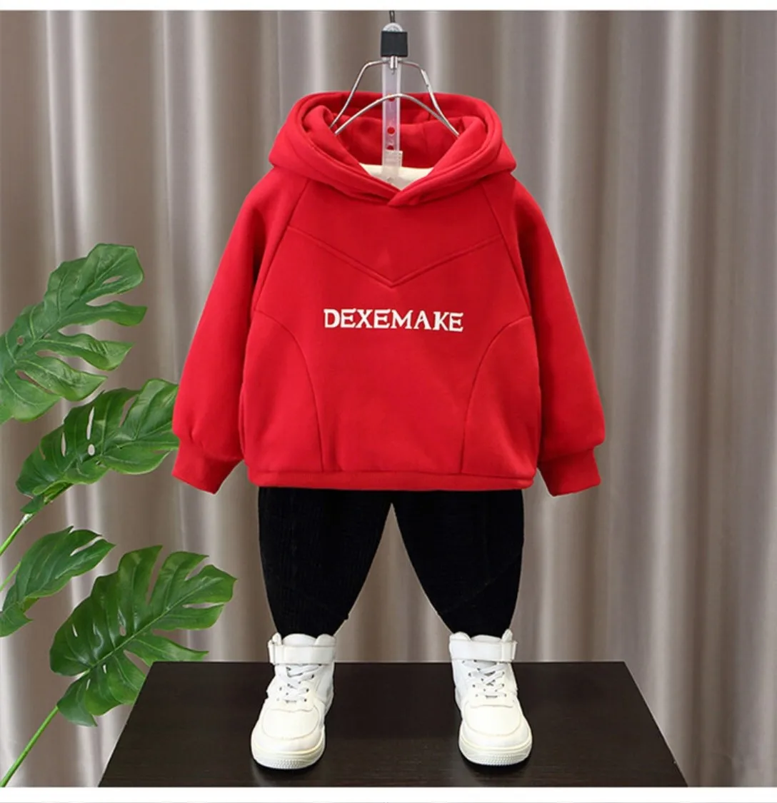 

Fleece lined interior hip hop casual loose style fashion letter thick hoodie kid's clothes extra warm
