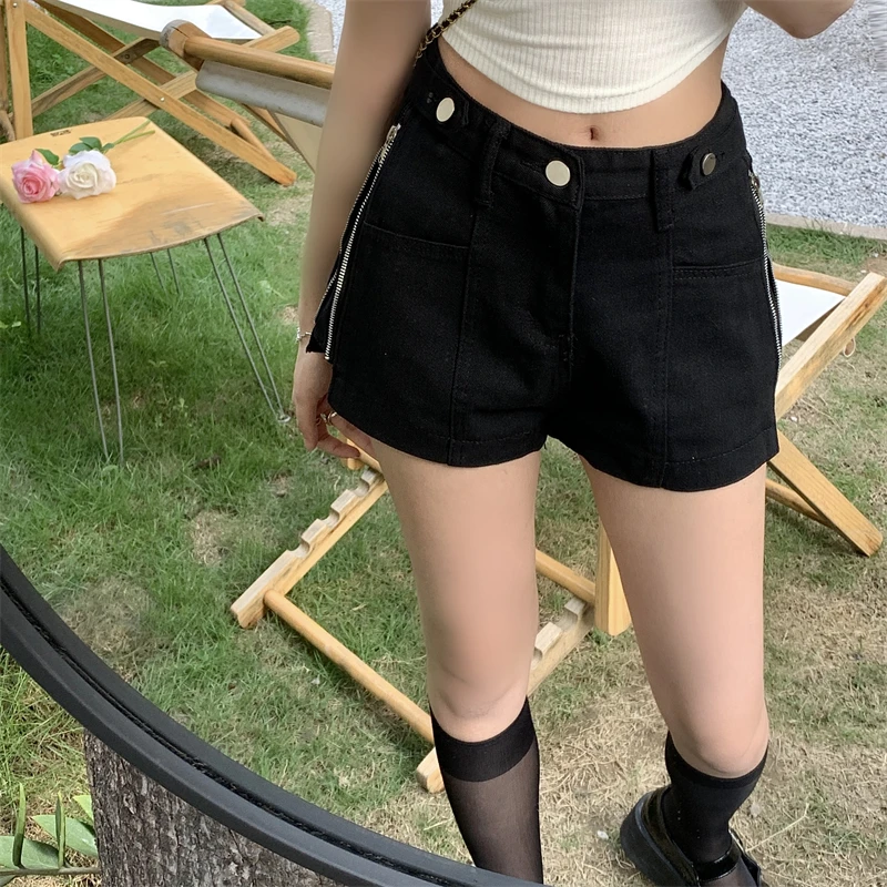 

Женские джинсовые шорты Real Shot в Корейском стиле, повседневные летние брюки с высокой талией, диагональю и боковой молнией, широкими штанинами