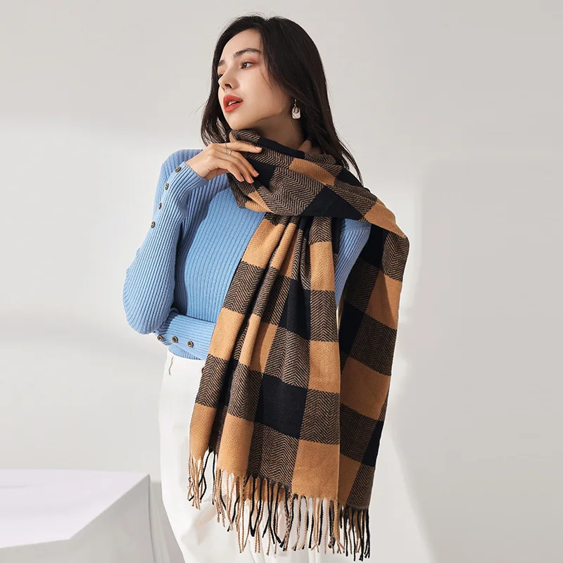 

2022 Plaid Women Hijab Scarf Pashmina Lady Shawls Foulard Headband Tassel Cashmere-like Winter Scarves Warm Female Wraps Bandana