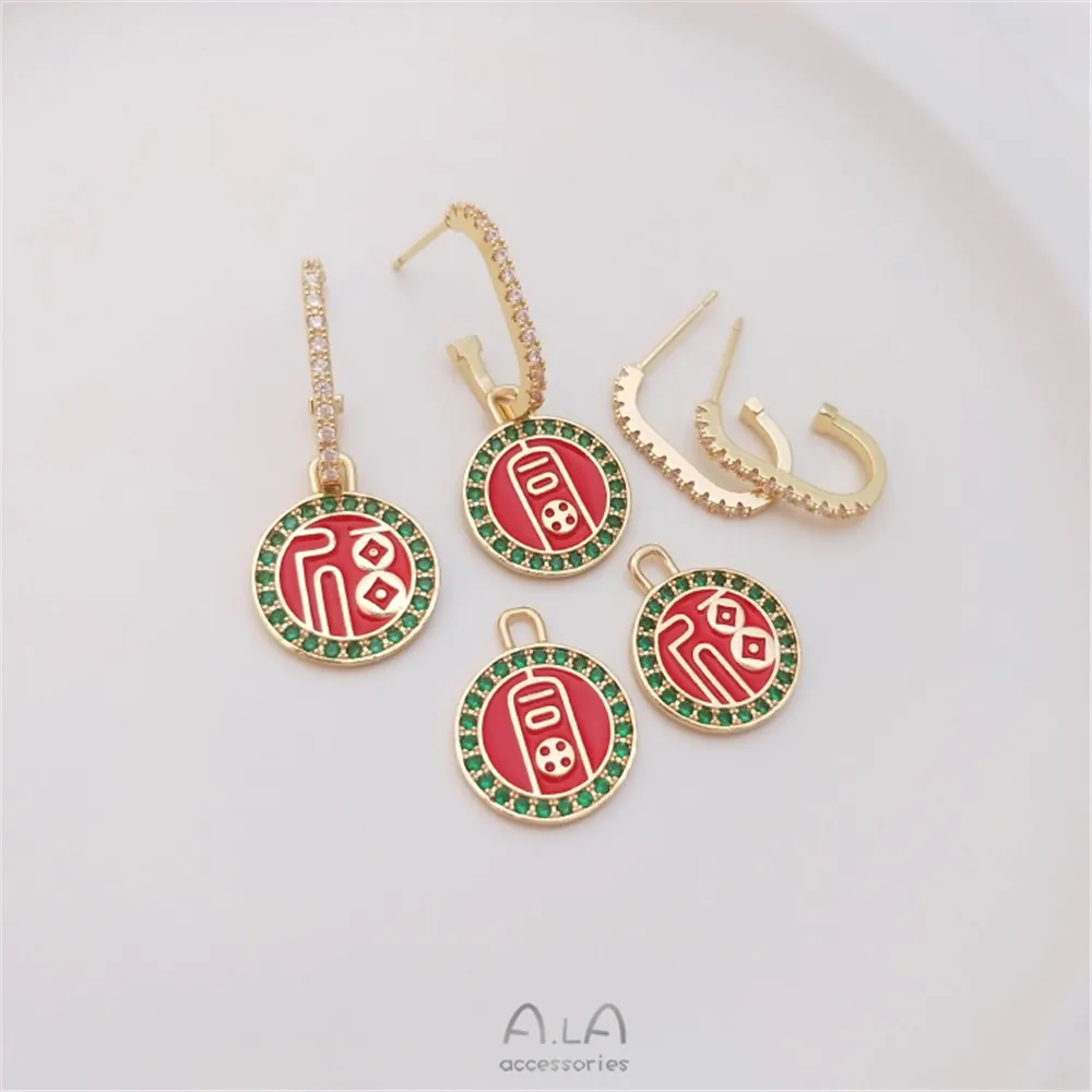 

Drop oil inlaid zircon hanging "Fu" tag festive Chinese style earrings 925 silver needle 14K gold color earrings