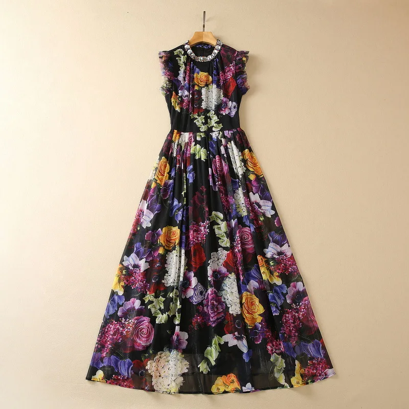 European and American women's clothes 2023 spring new Beaded stand collar Sleeveless floral print beading Pleated Dress XXL