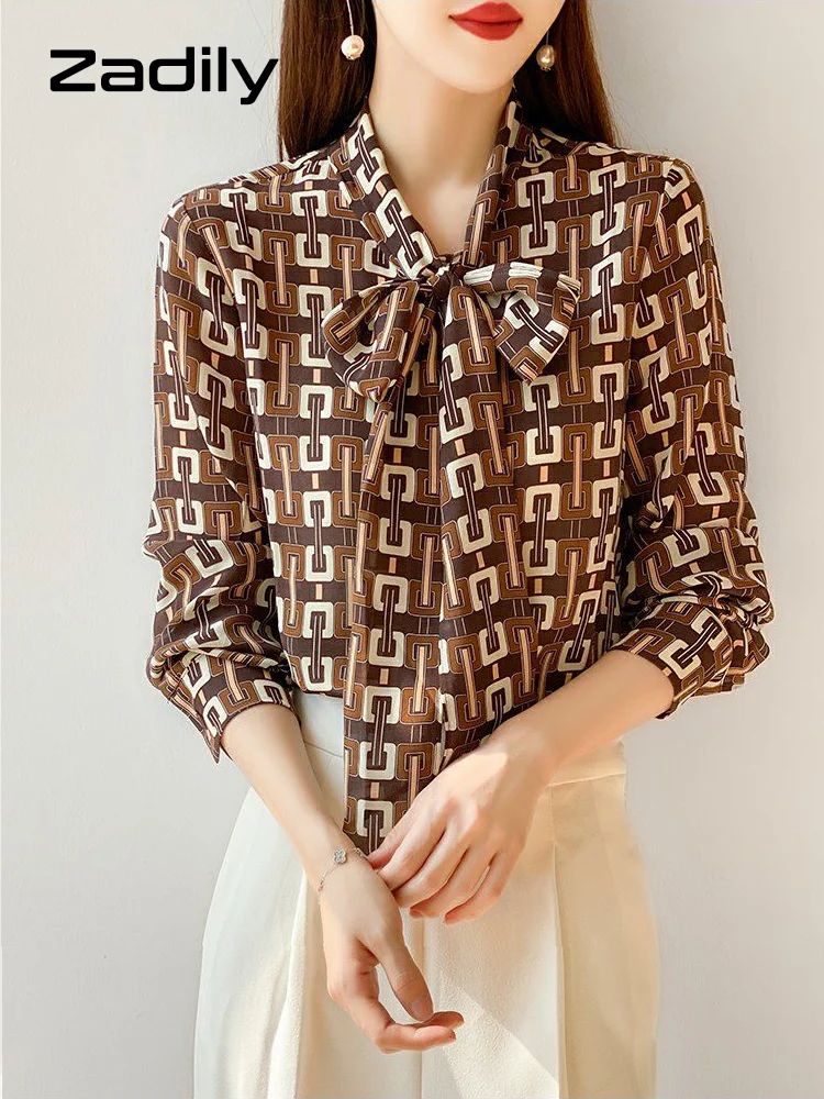 

Zadily 2022 Spring Korean Style Long Sleeve Chiffon Shirt Women Office Lady Printed Bow Tie Button Shirts Work Blouse Clothes