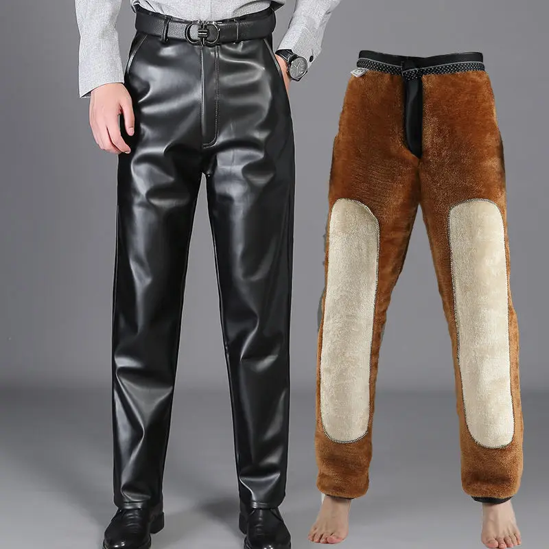 

2022 Autumn Winter Thickened PU Leather Men's Leather Pants Windshield Straight Warm Men's Middle-aged And Elderly Velvet Pants