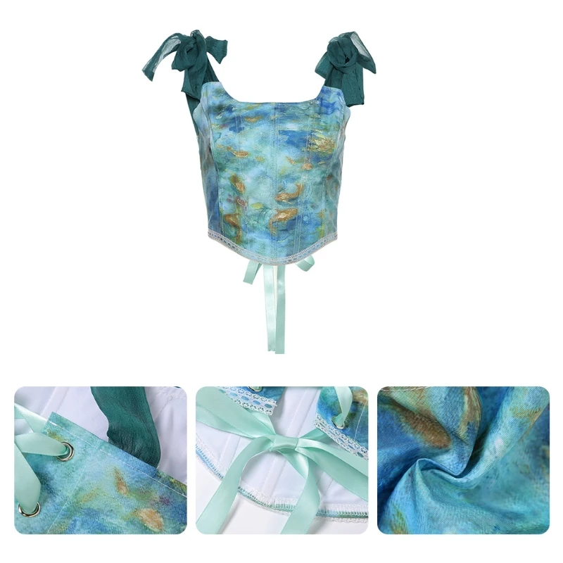 

Women Tie-Up Ribbon Corset Crop Top Sexy Lace-Up Oil Painting Slim Bustier Vest