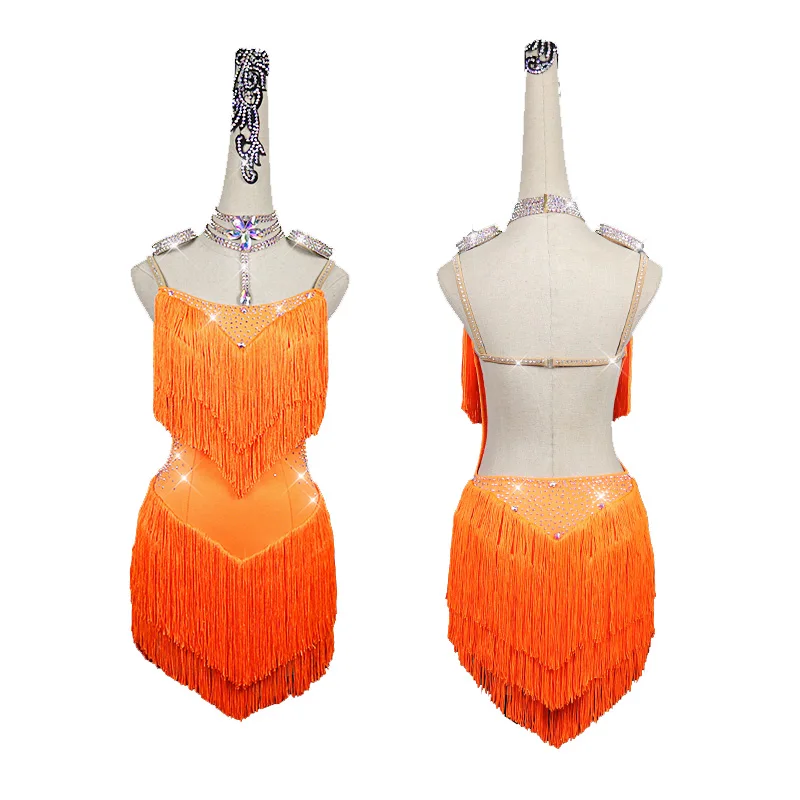 

2022 Women Latin Dance Dress Orange Sexy Fringe Sparkly Rhinestone Skirts Lady Latin Salsa Chacha Standard Costumes Custom-made